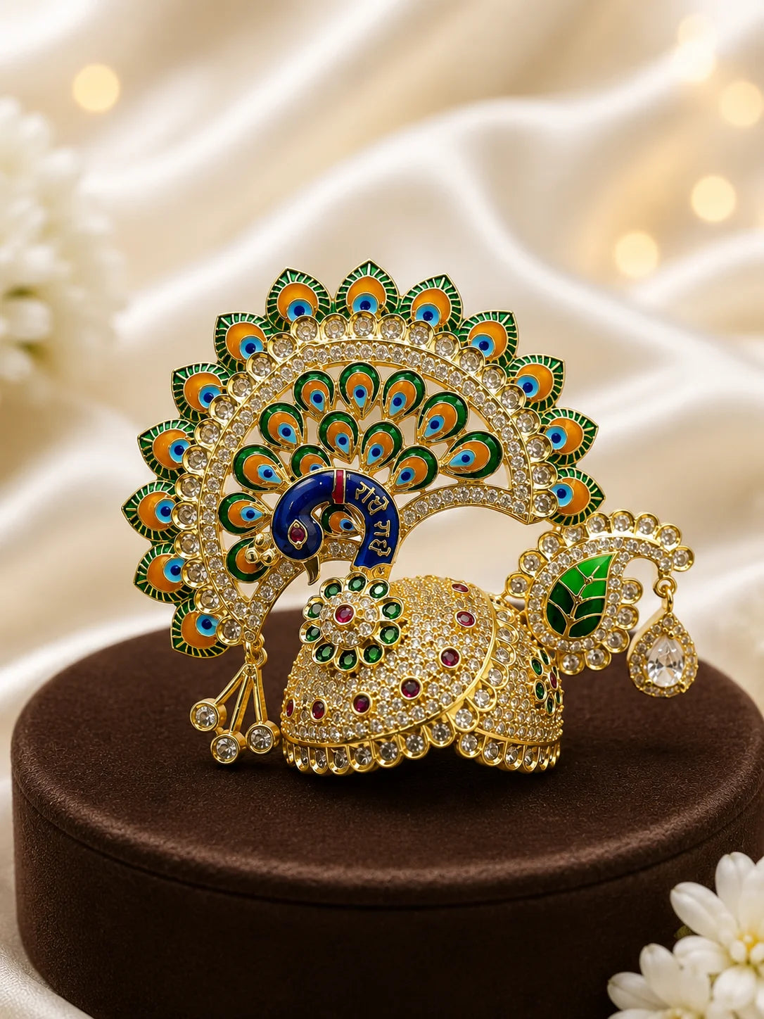 Peacock Utsav AD Mukut for Laddu Gopal with sparkling peacock-inspired AD design