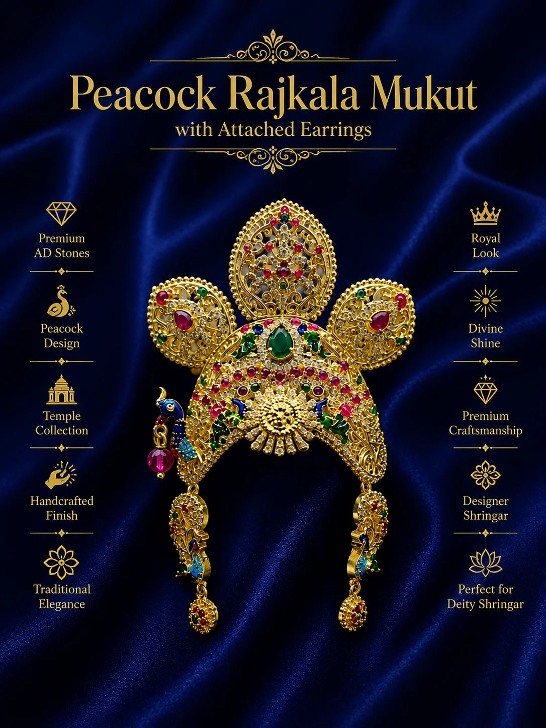 Peacock Rajkala Mukut with attached earrings for Laddu Gopal with elegant peacock-inspired design