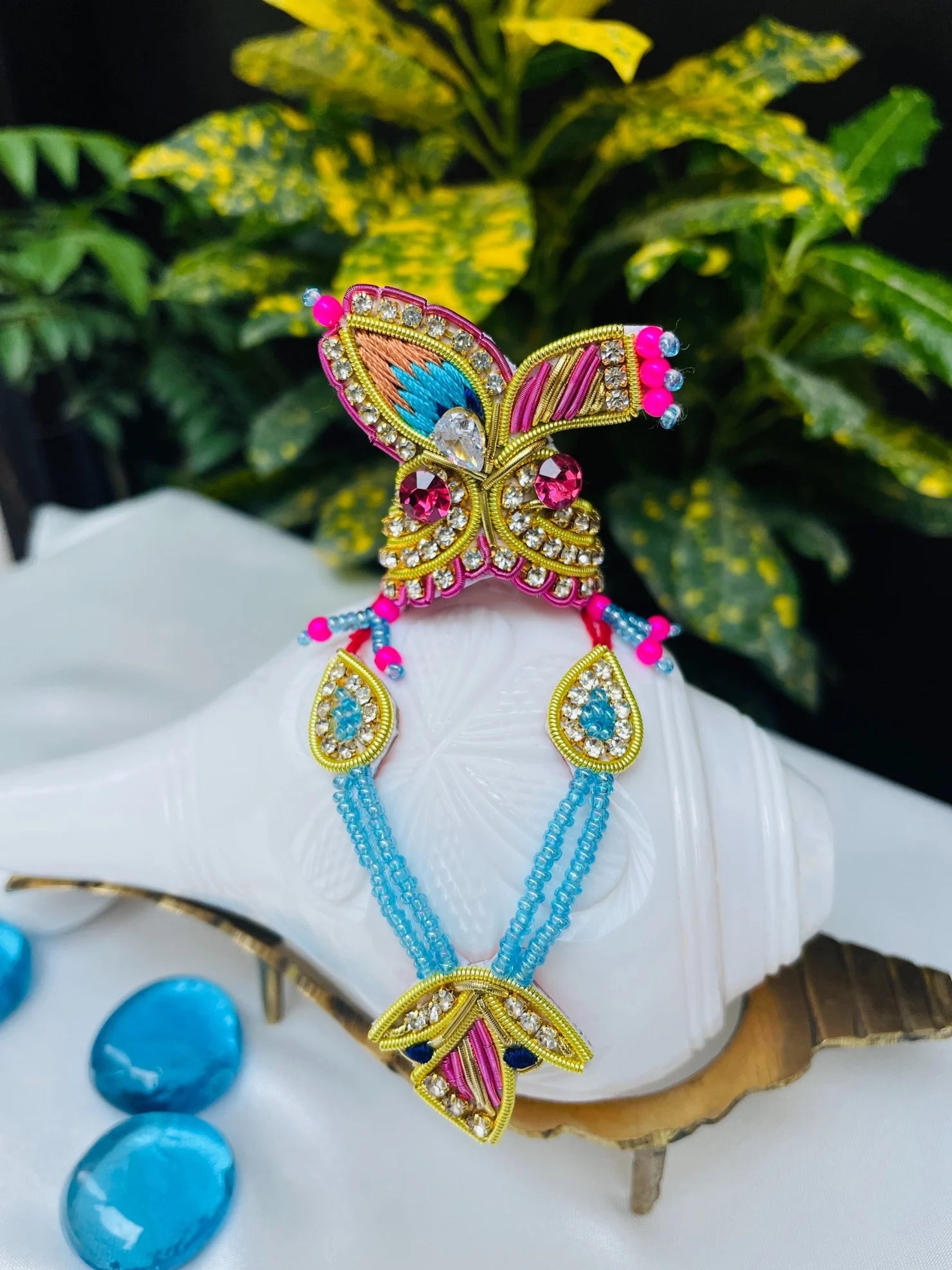 Pink & Blue Mukut and Mala