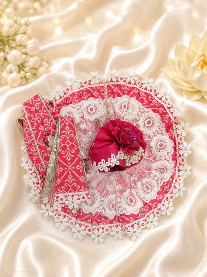 Vibrant Pink Bandhani Print Kanha Ji Dress with Heavy Floral Turban Shringar Look
