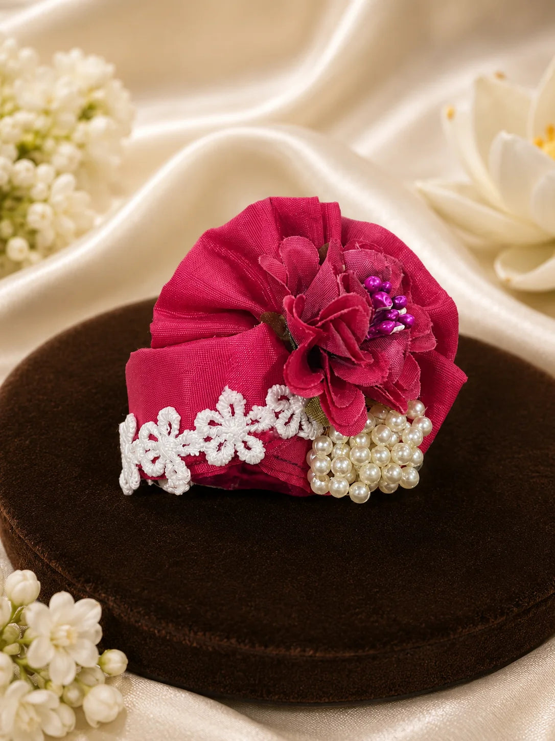 Pink Printed Cotton Laddu Gopal Poshak with White Lace and Rose Pagdi Flatlay