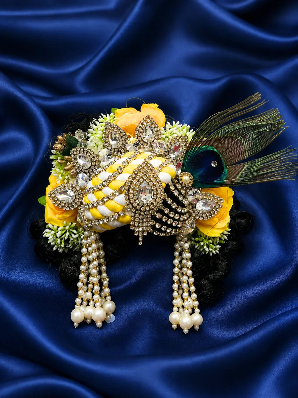 Prem Tarang Mukut with Hair for Krishna idol featuring a royal crown and ready-styled hair for divine head shringar