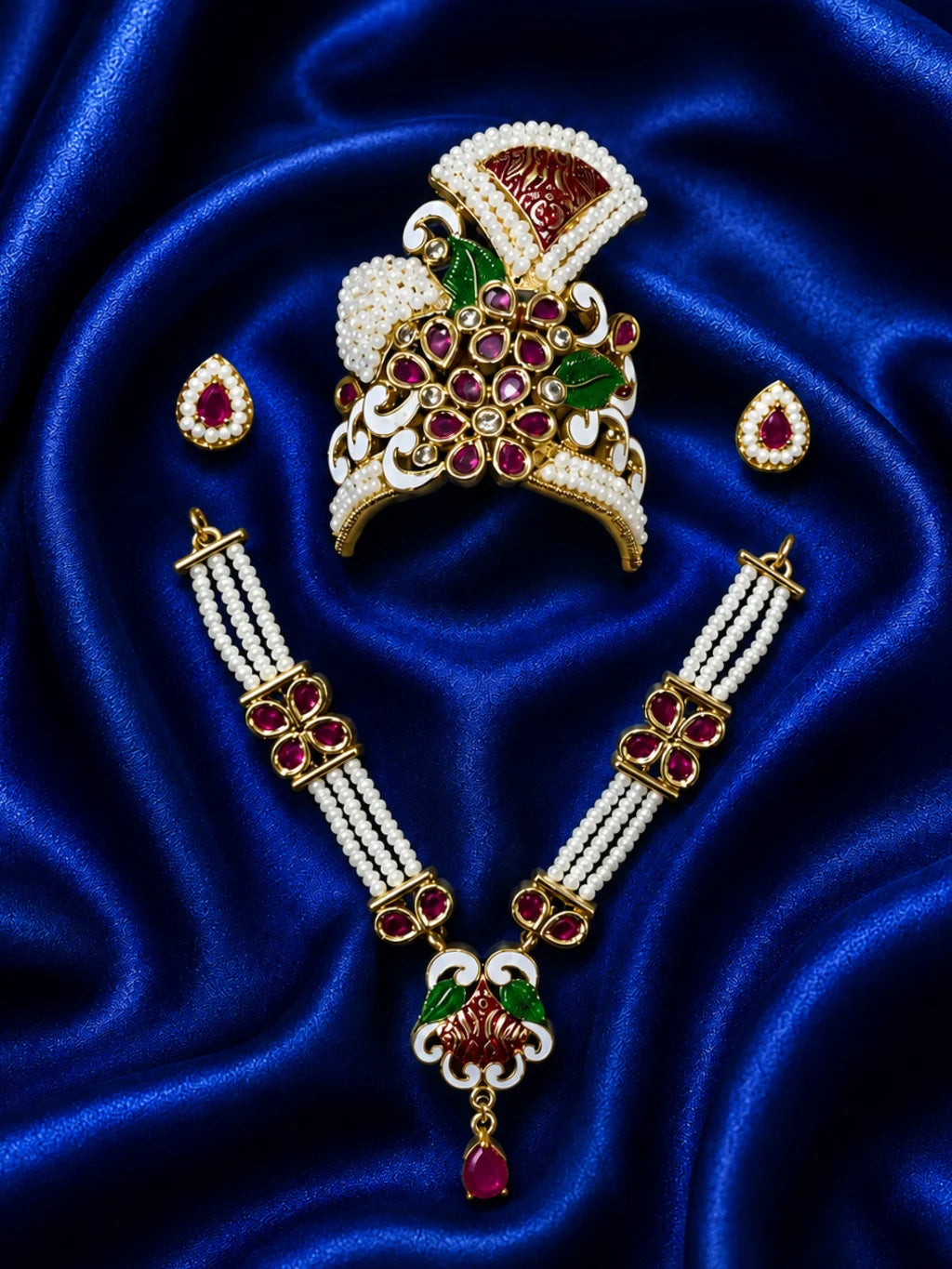 Premium Handcrafted Meenakari Pagdi Mukut, Haar & Earrings Shringar Set