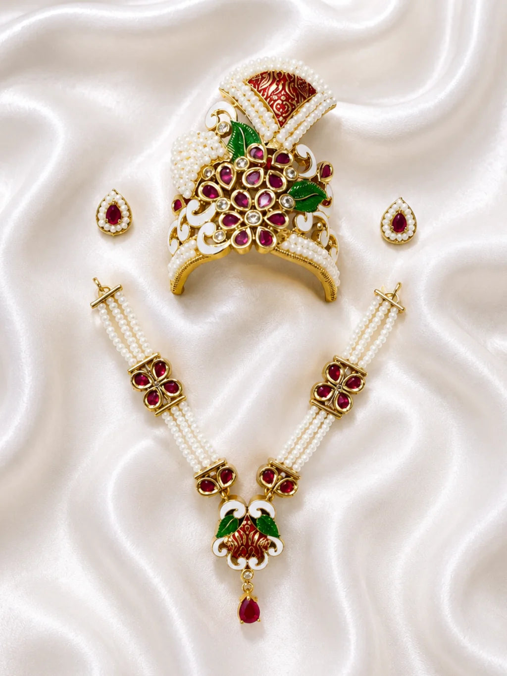 Premium Handcrafted Meenakari Pagdi Mukut, Haar & Earrings Shringar Set