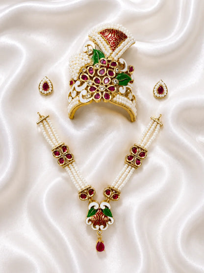 Premium Handcrafted Meenakari Pagdi Mukut, Haar & Earrings Shringar Set