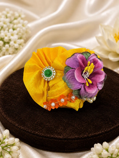 Premium Yellow Embroidered Laddu Gopal Poshak with Parrot Motifs and 3D Fabric Flowers Flatlay