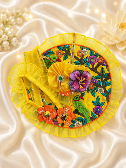 Premium Yellow Embroidered Laddu Gopal Poshak with Parrot Motifs and 3D Fabric Flowers Flatlay