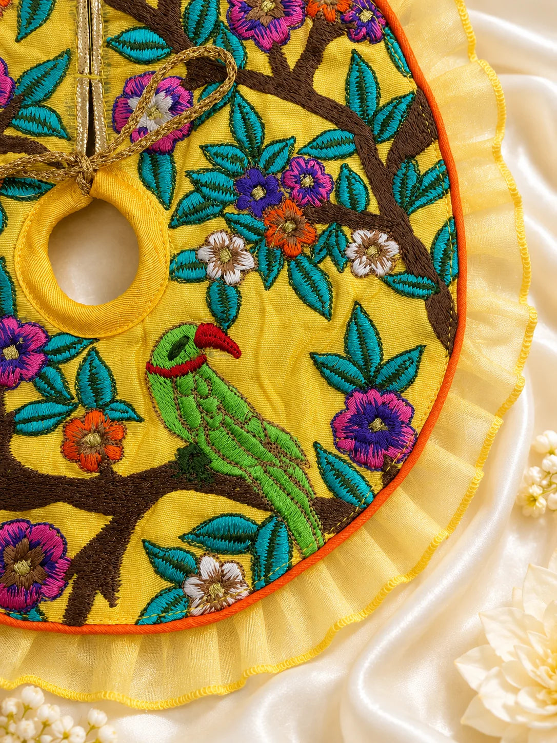 Premium Yellow Embroidered Laddu Gopal Poshak with Parrot Motifs and 3D Fabric Flowers Flatlay