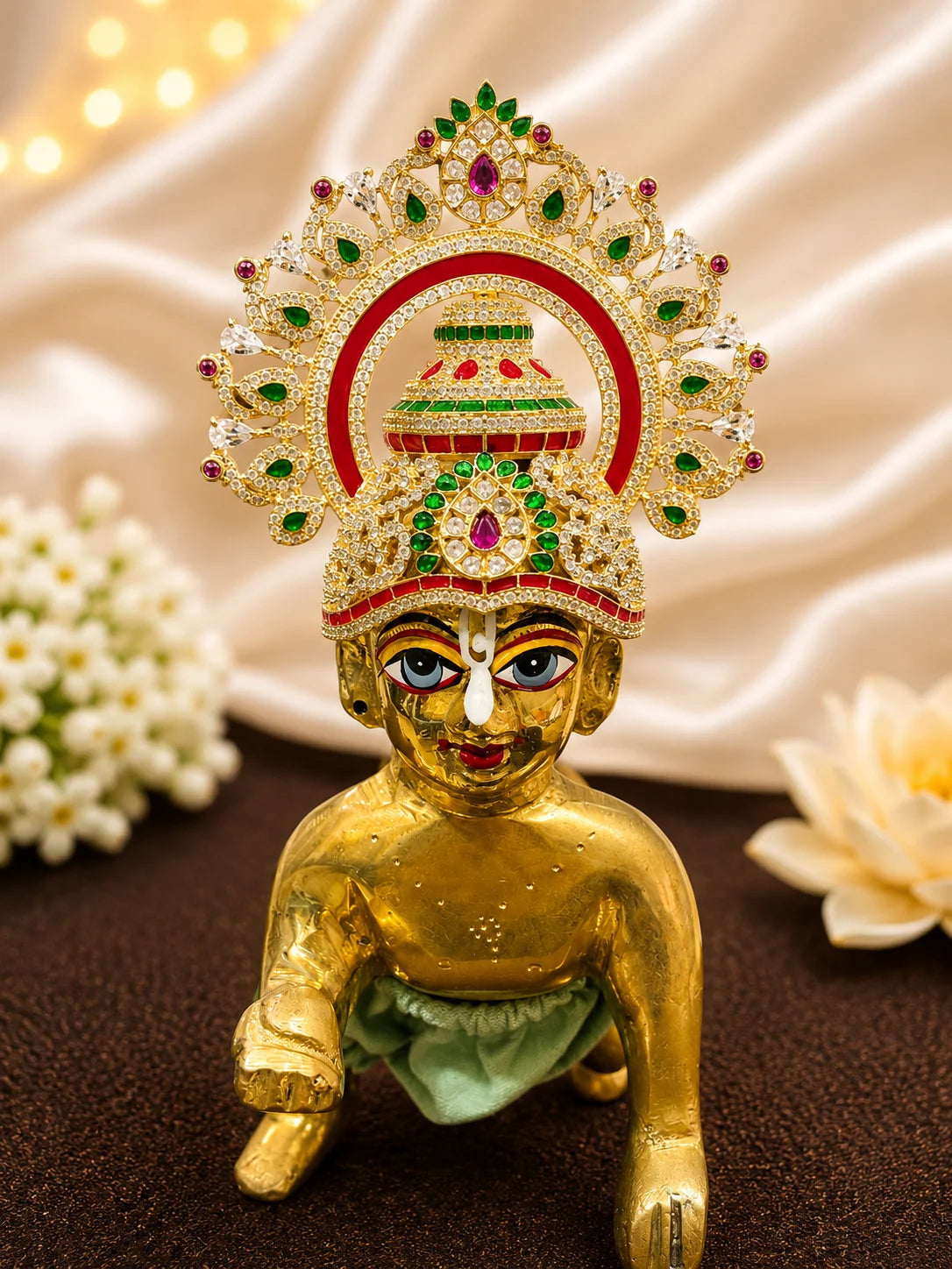 Premium gold plated Swarnakala mandap mukut crown with white American Diamonds and temple arch motifs for Laddu Gopal deity shringar