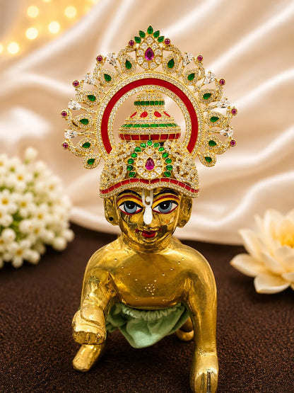 Premium gold plated Swarnakala mandap mukut crown with white American Diamonds and temple arch motifs for Laddu Gopal deity shringar
