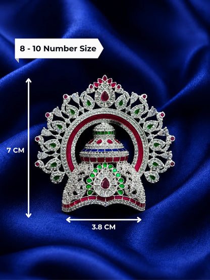 Premium gold plated Swarnakala mandap mukut crown with white American Diamonds and temple arch motifs for Laddu Gopal deity shringar