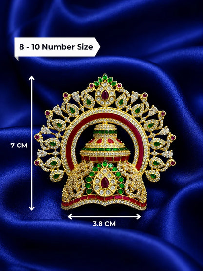Premium gold plated Swarnakala mandap mukut crown with white American Diamonds and temple arch motifs for Laddu Gopal deity shringar