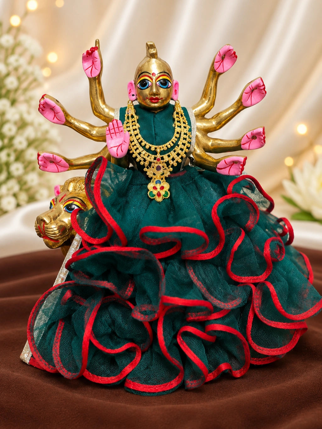 Pushpa Temple Gold Plated Haar for Deity with graceful floral motifs, intricate temple-style detailing and a rich golden finish for divine festive shringar.
