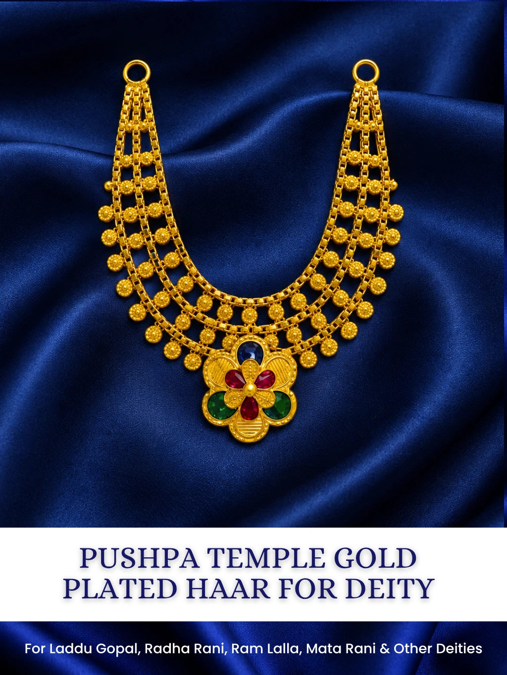 Pushpa Temple Gold Plated Haar for Deity with graceful floral motifs, intricate temple-style detailing and a rich golden finish for divine festive shringar.
