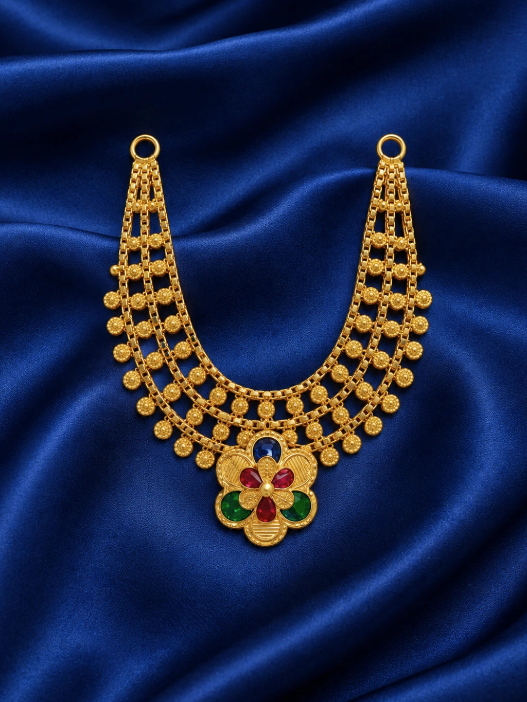 Pushpa Temple Gold Plated Haar for Deity with graceful floral motifs, intricate temple-style detailing and a rich golden finish for divine festive shringar.
