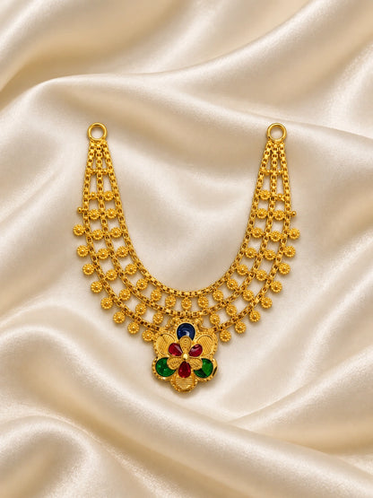 Pushpa Temple Gold Plated Haar for Deity with graceful floral motifs, intricate temple-style detailing and a rich golden finish for divine festive shringar.
