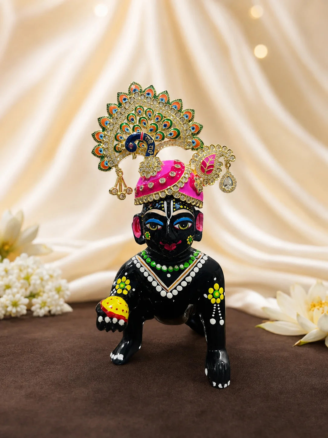 Radhey Mayur AD Mukut for Laddu Gopal with sparkling American Diamond stones and peacock-inspired design