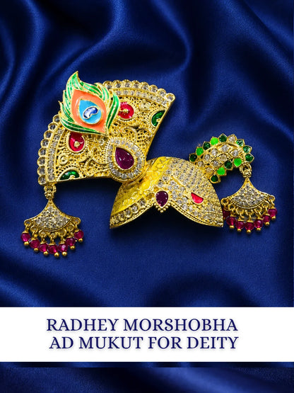 Radhey Morshobha AD Mukut for Laddu Gopal with sparkling American Diamond stones and peacock-inspired design