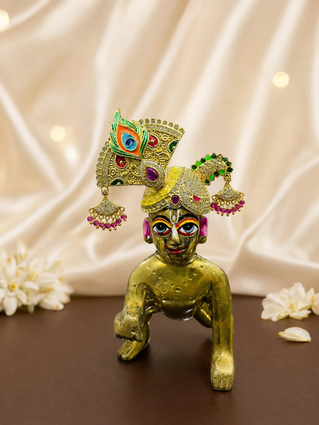 Radhey Morshobha AD Mukut for Laddu Gopal with sparkling American Diamond stones and peacock-inspired design