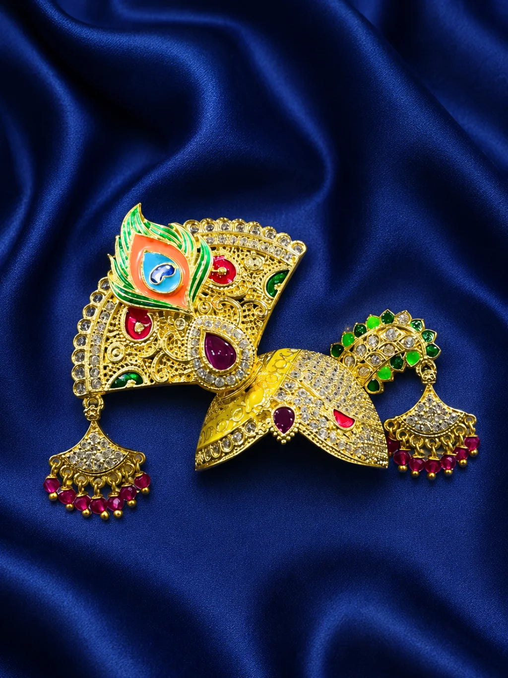 Radhey Morshobha AD Mukut for Laddu Gopal with sparkling American Diamond stones and peacock-inspired design