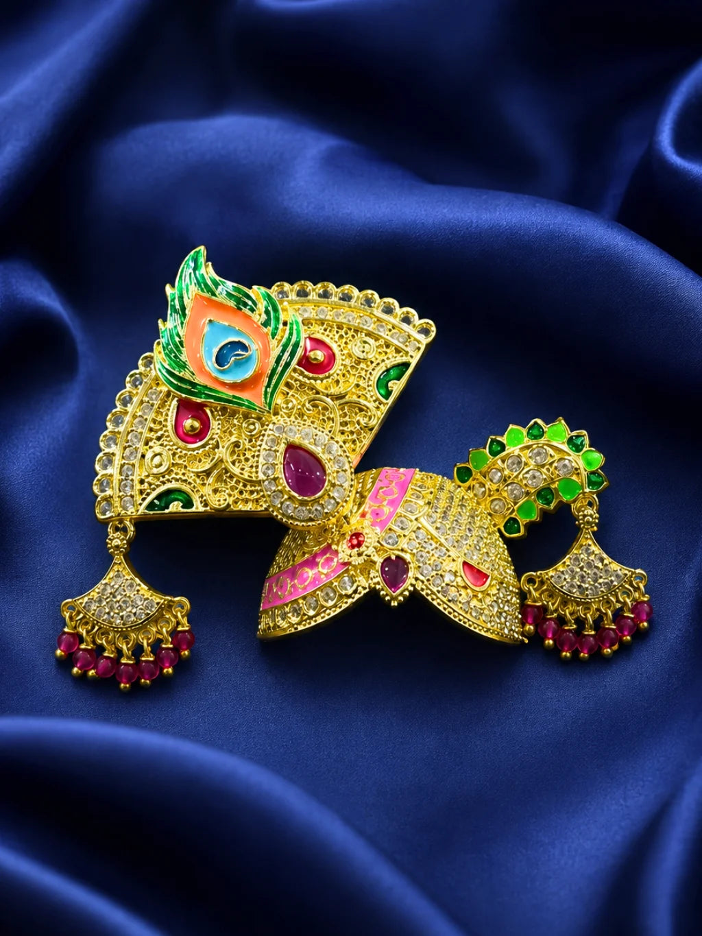 Radhey Morshobha AD Mukut for Laddu Gopal with sparkling American Diamond stones and peacock-inspired design