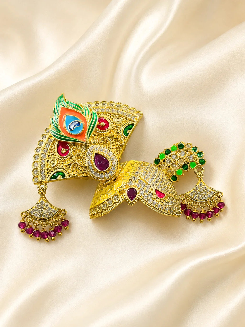 Radhey Morshobha AD Mukut for Laddu Gopal with sparkling American Diamond stones and peacock-inspired design