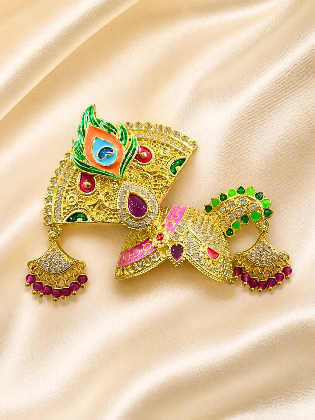 Radhey Morshobha AD Mukut for Laddu Gopal with sparkling American Diamond stones and peacock-inspired design