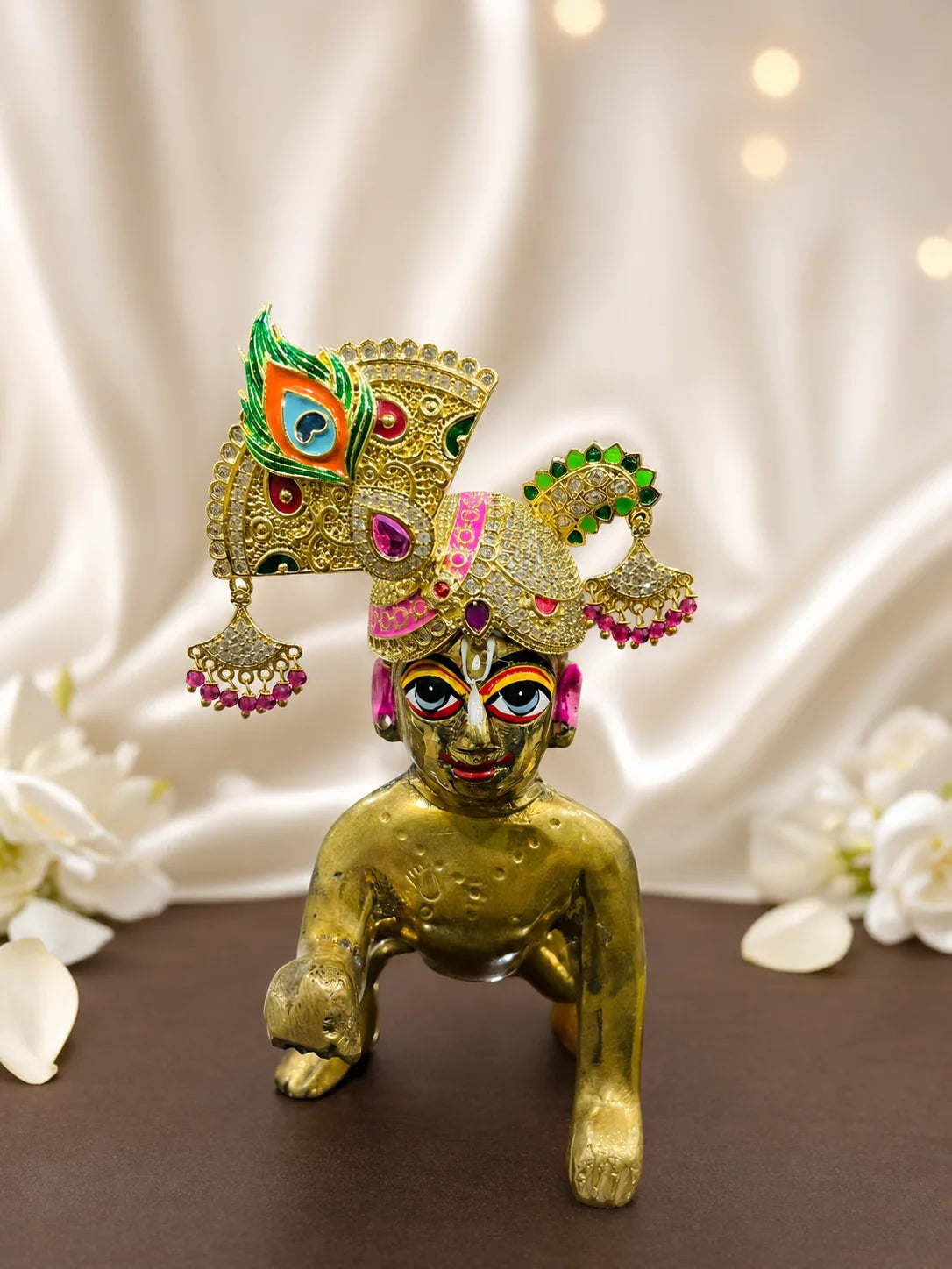 Radhey Morshobha AD Mukut for Laddu Gopal with sparkling American Diamond stones and peacock-inspired design