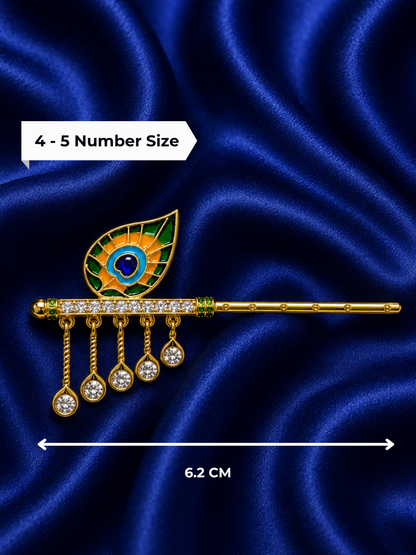 Premium gold plated reed flute with five drop pink gemstone crystals and white American Diamond crest for Kanha Ji shringar