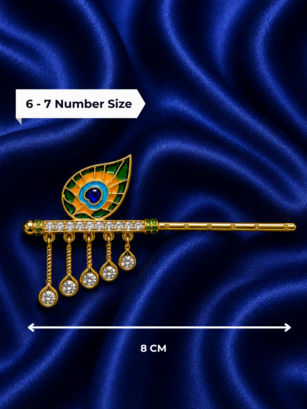Premium gold plated reed flute with five drop pink gemstone crystals and white American Diamond crest for Kanha Ji shringar