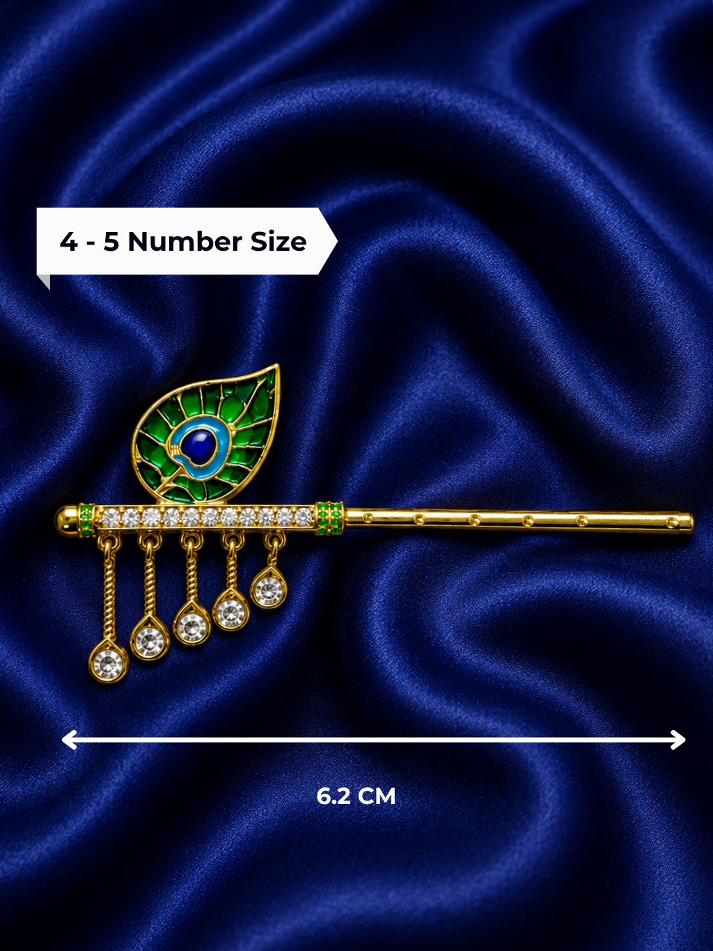 Premium gold plated reed flute with five drop pink gemstone crystals and white American Diamond crest for Kanha Ji shringar