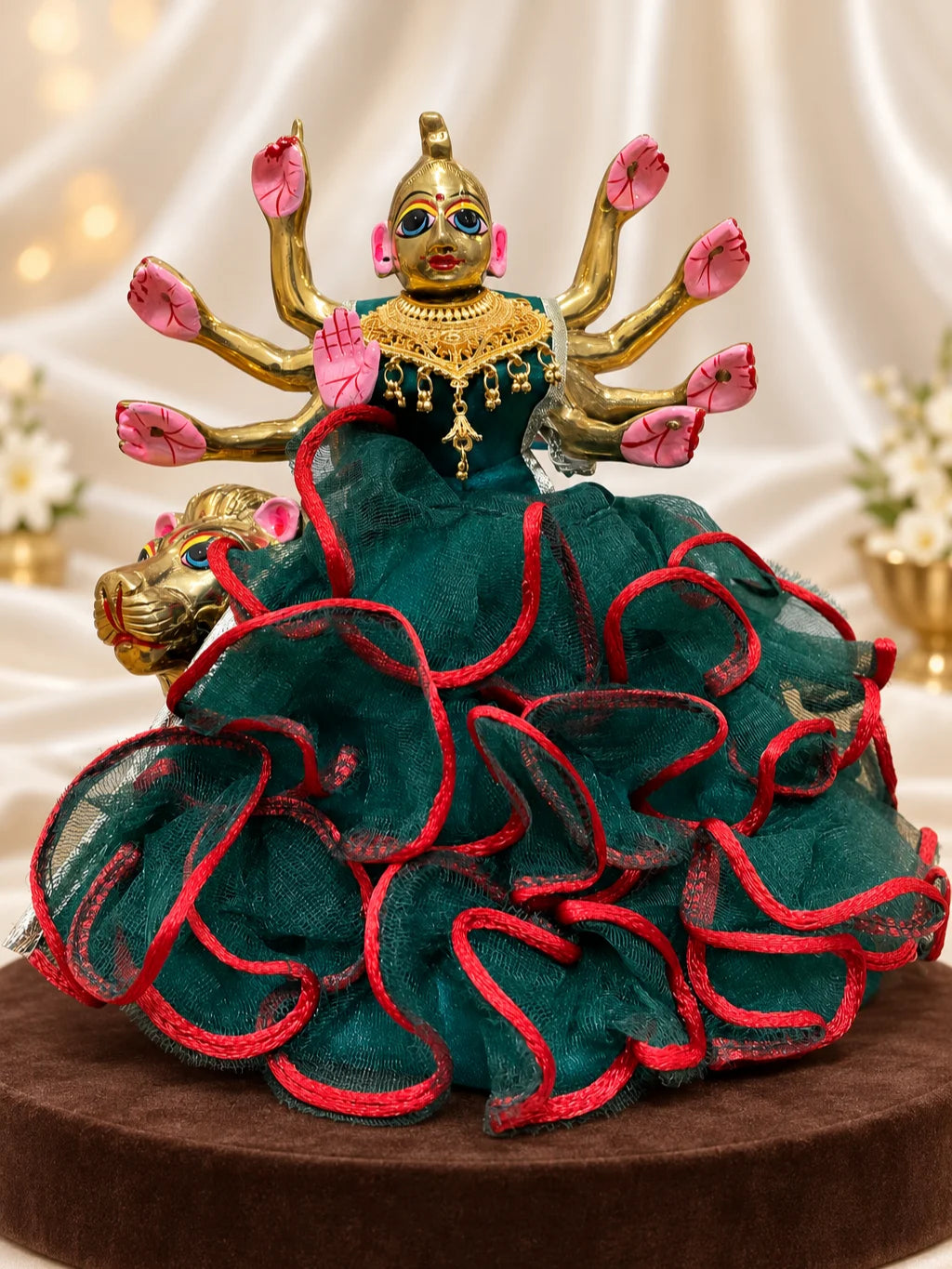 Raj Mahal Gold Plated Haar for Deity featuring intricate royal-inspired detailing and a rich golden finish. Ideal for Laddu Gopal and festive shringar.