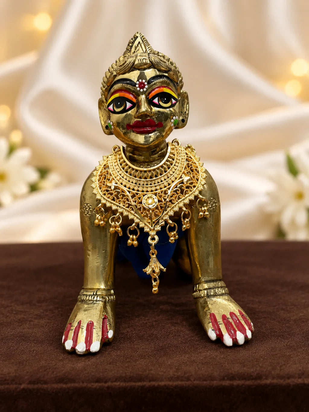Raj Mahal Gold Plated Haar for Deity featuring intricate royal-inspired detailing and a rich golden finish. Ideal for Laddu Gopal and festive shringar.