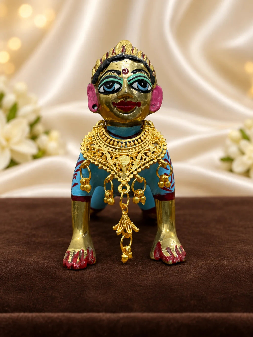 Raj Mahal Gold Plated Haar for Deity featuring intricate royal-inspired detailing and a rich golden finish. Ideal for Laddu Gopal and festive shringar.