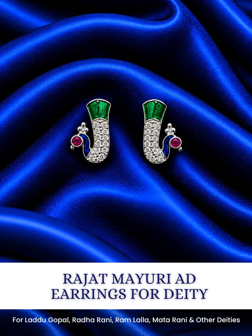 Rajat Mayuri AD Earrings for Deity with peacock-inspired ornamental design and sparkling American Diamond detailing
