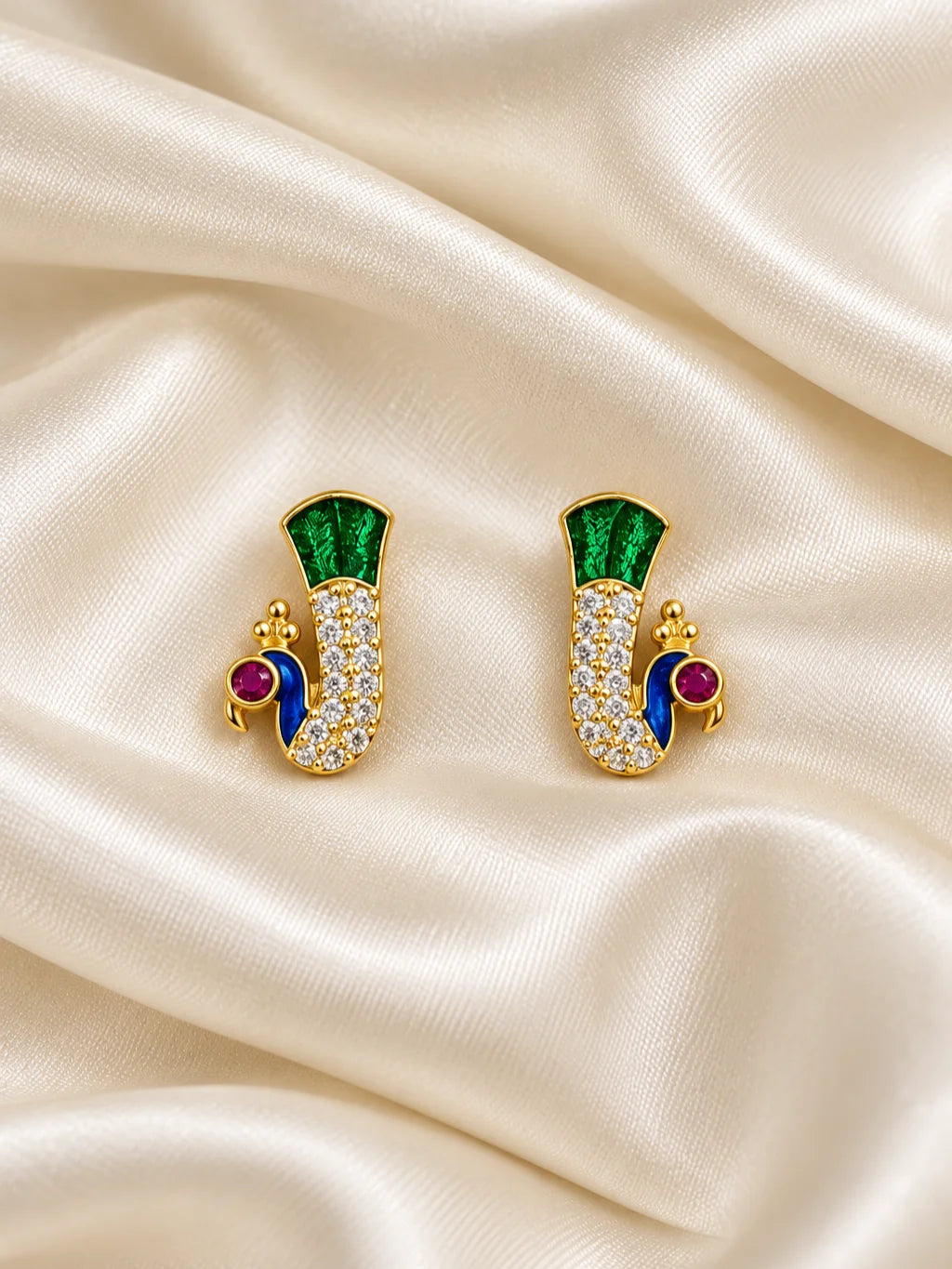 Rajat Mayuri AD Earrings for Deity with peacock-inspired ornamental design and sparkling American Diamond detailing
