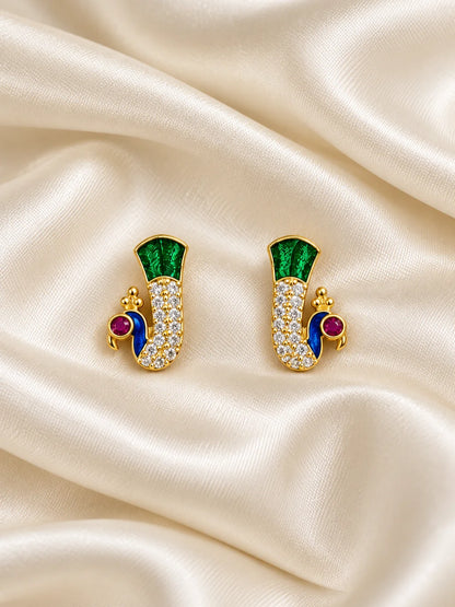 Rajat Mayuri AD Earrings for Deity with peacock-inspired ornamental design and sparkling American Diamond detailing
