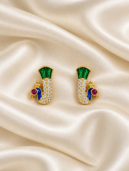Rajat Mayuri AD Earrings for Deity with peacock-inspired ornamental design and sparkling American Diamond detailing
