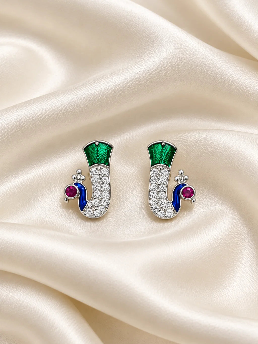 Rajat Mayuri AD Earrings for Deity with peacock-inspired ornamental design and sparkling American Diamond detailing
