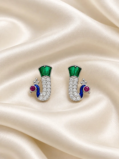Rajat Mayuri AD Earrings for Deity with peacock-inspired ornamental design and sparkling American Diamond detailing
