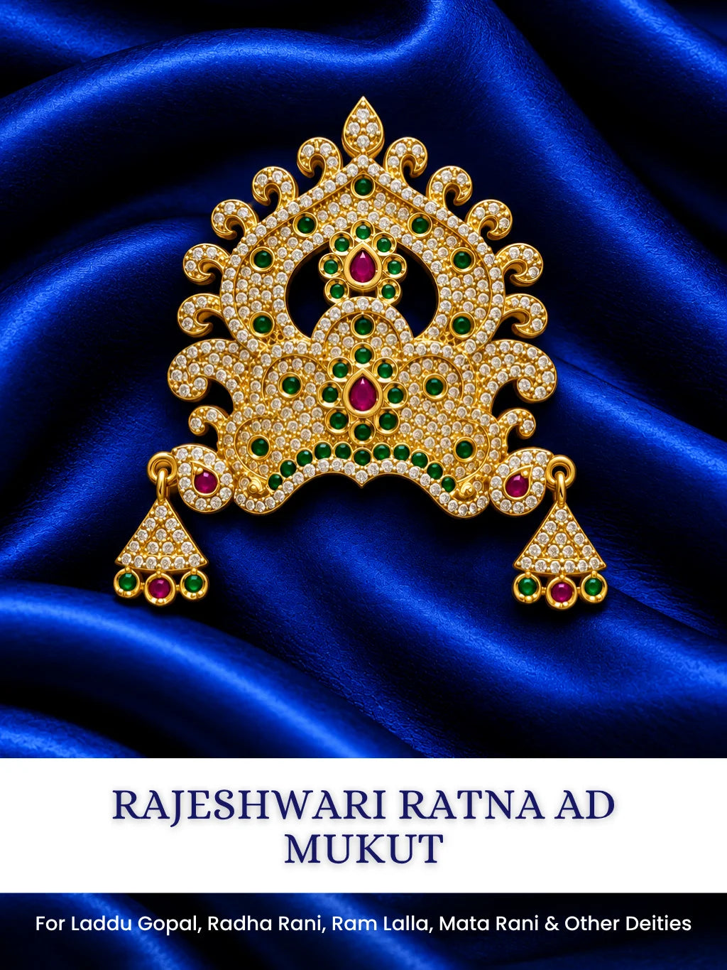  Rajeshwari Ratna AD Mukut for Deity with regal jewel-inspired detailing and sparkling AD stones. A majestic crown for Laddu Gopal and festive shringar.
