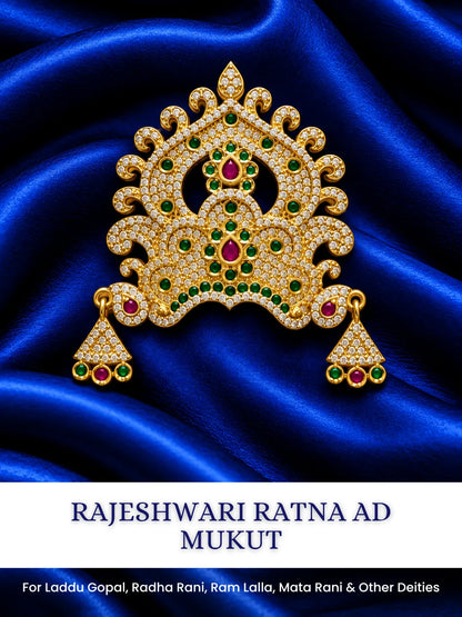  Rajeshwari Ratna AD Mukut for Deity with regal jewel-inspired detailing and sparkling AD stones. A majestic crown for Laddu Gopal and festive shringar.
