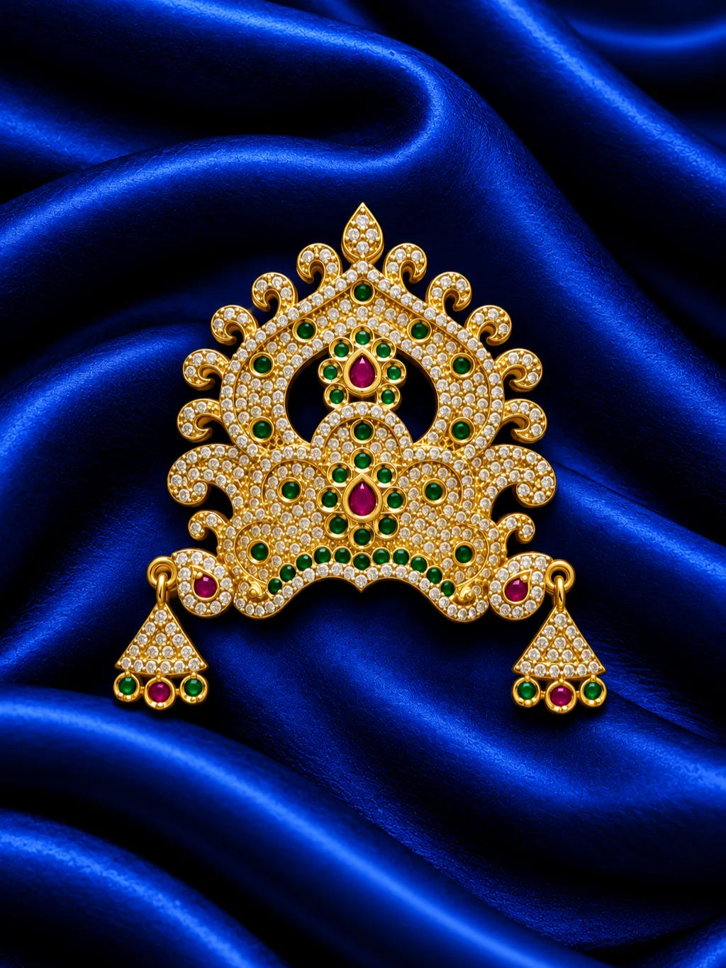  Rajeshwari Ratna AD Mukut for Deity with regal jewel-inspired detailing and sparkling AD stones. A majestic crown for Laddu Gopal and festive shringar.
