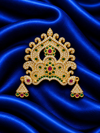  Rajeshwari Ratna AD Mukut for Deity with regal jewel-inspired detailing and sparkling AD stones. A majestic crown for Laddu Gopal and festive shringar.
