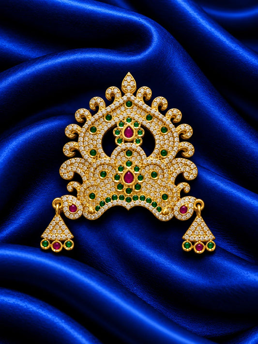  Rajeshwari Ratna AD Mukut for Deity with regal jewel-inspired detailing and sparkling AD stones. A majestic crown for Laddu Gopal and festive shringar.
