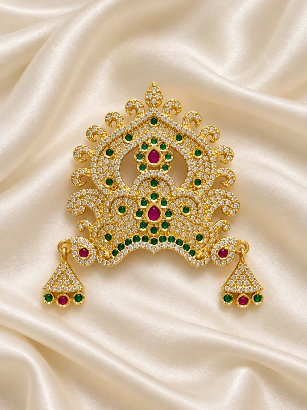  Rajeshwari Ratna AD Mukut for Deity with regal jewel-inspired detailing and sparkling AD stones. A majestic crown for Laddu Gopal and festive shringar.
