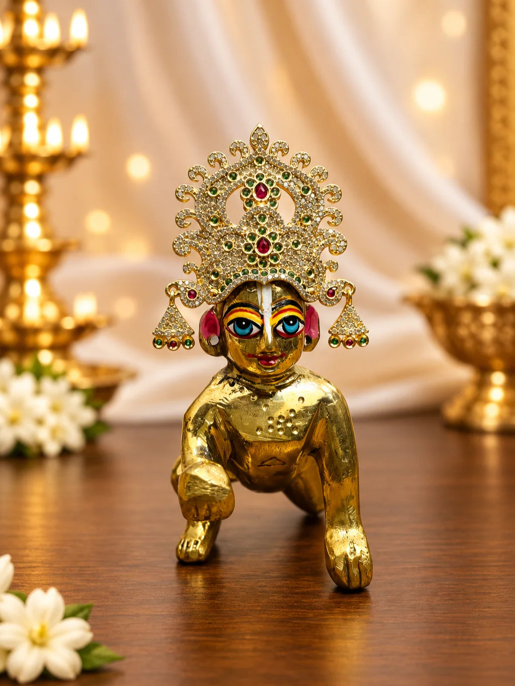  Rajeshwari Ratna AD Mukut for Deity with regal jewel-inspired detailing and sparkling AD stones. A majestic crown for Laddu Gopal and festive shringar.
