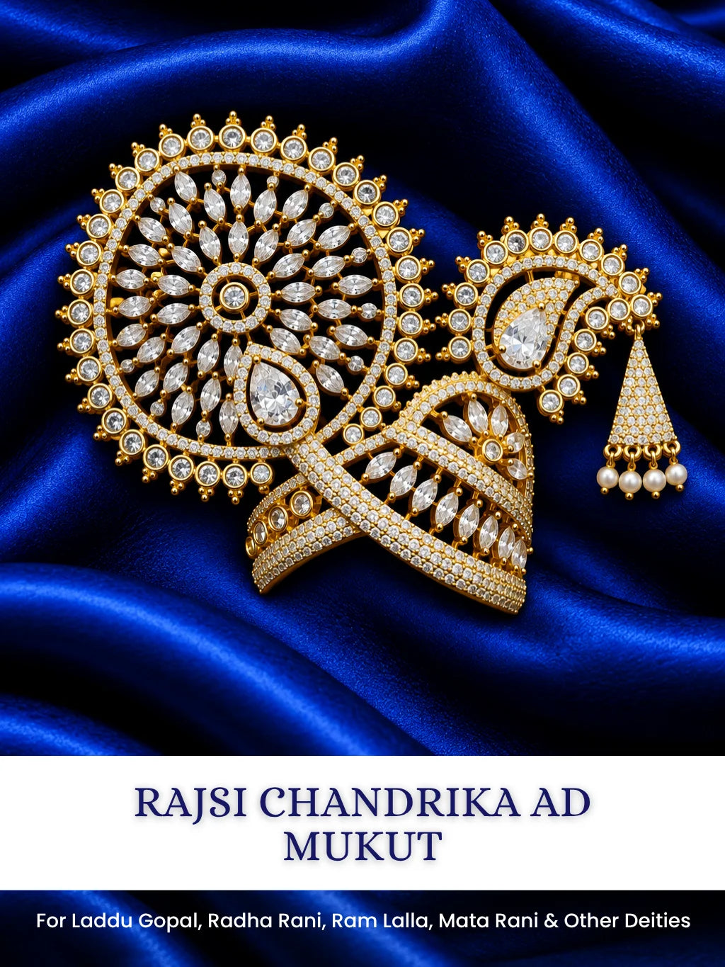 Rajsi Chandrika AD Mukut for Deity with elegant royal styling and sparkling AD stone work. A beautiful crown for Laddu Gopal and festive shringar.
