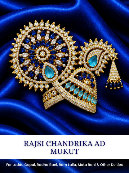Rajsi Chandrika AD Mukut for Deity with elegant royal styling and sparkling AD stone work. A beautiful crown for Laddu Gopal and festive shringar.
