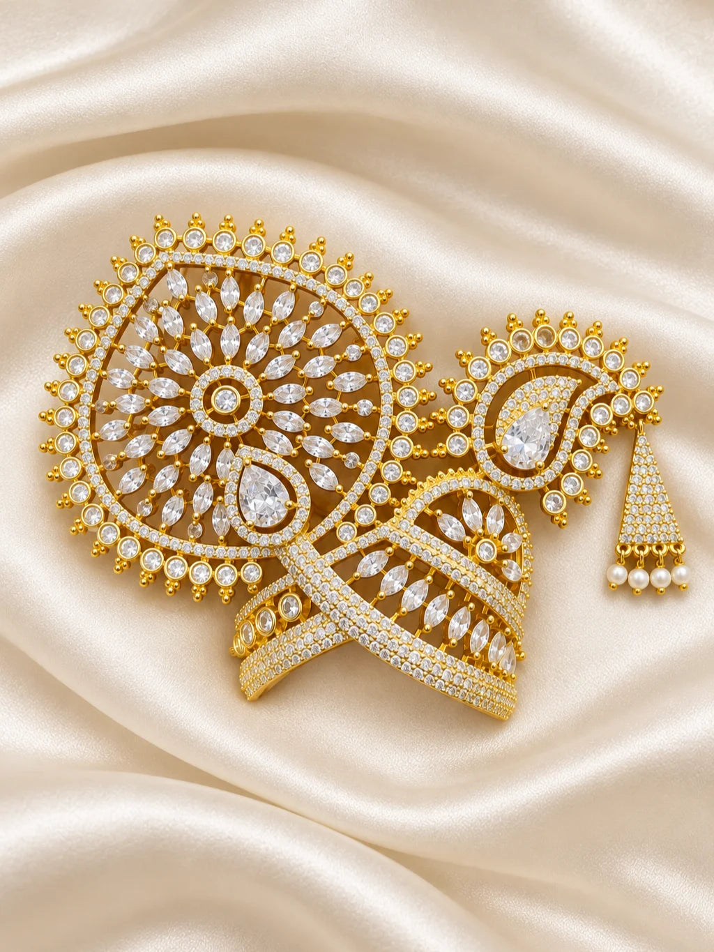 Rajsi Chandrika AD Mukut for Deity with elegant royal styling and sparkling AD stone work. A beautiful crown for Laddu Gopal and festive shringar.
